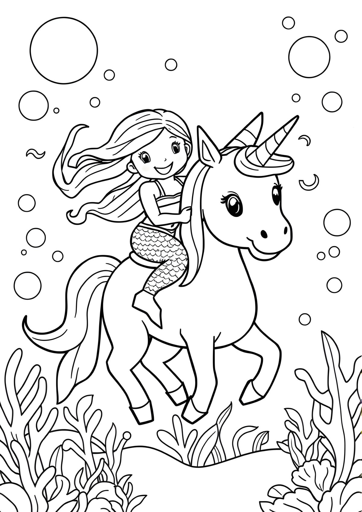 Mermaid Kids Cute Unicorn Coloring Page coloring page for kids