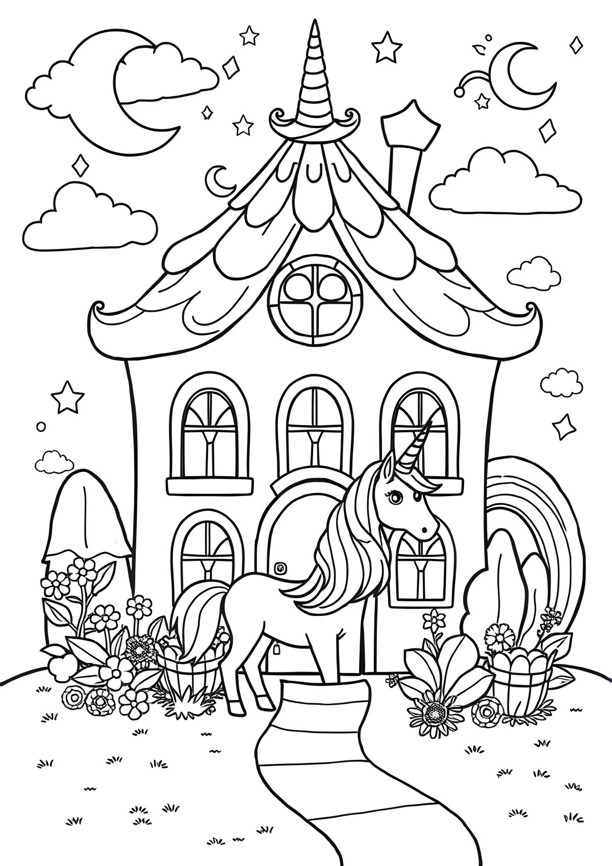Unicorn House Coloring Page coloring page for kids