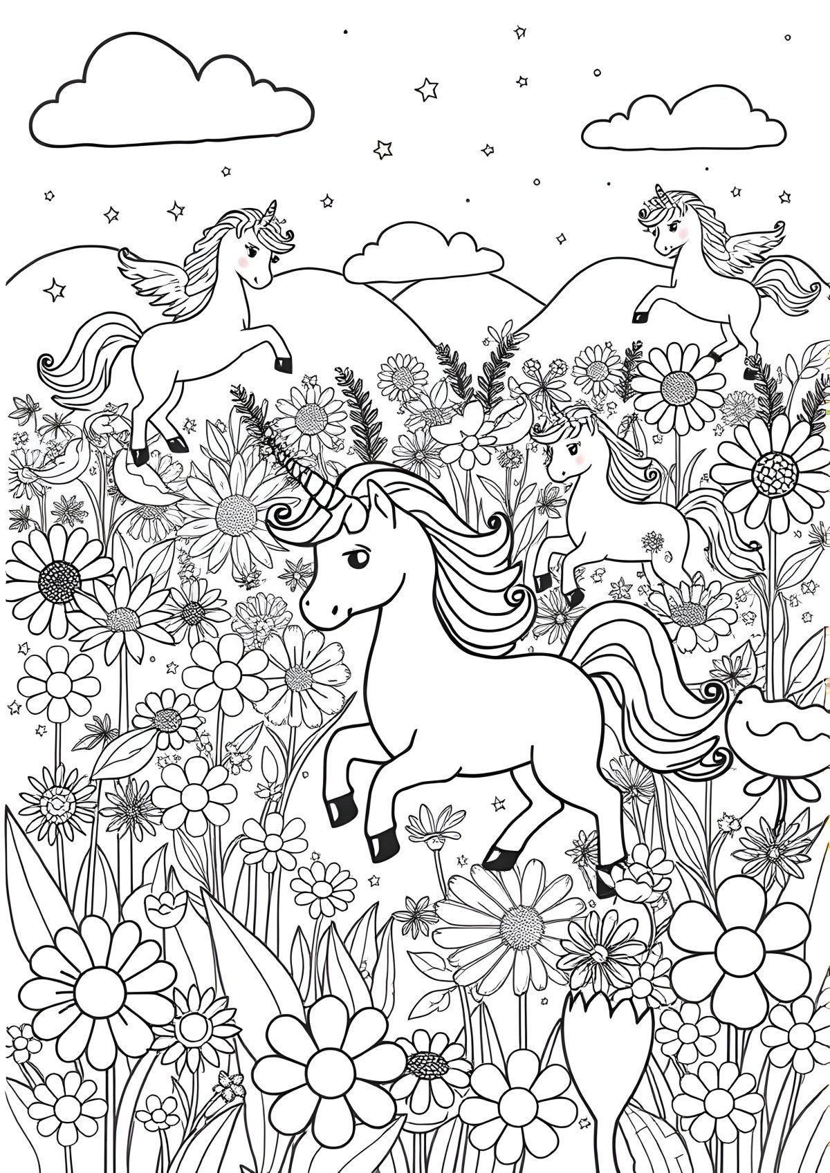 Flowers And Unicorns Coloring Page coloring page for kids