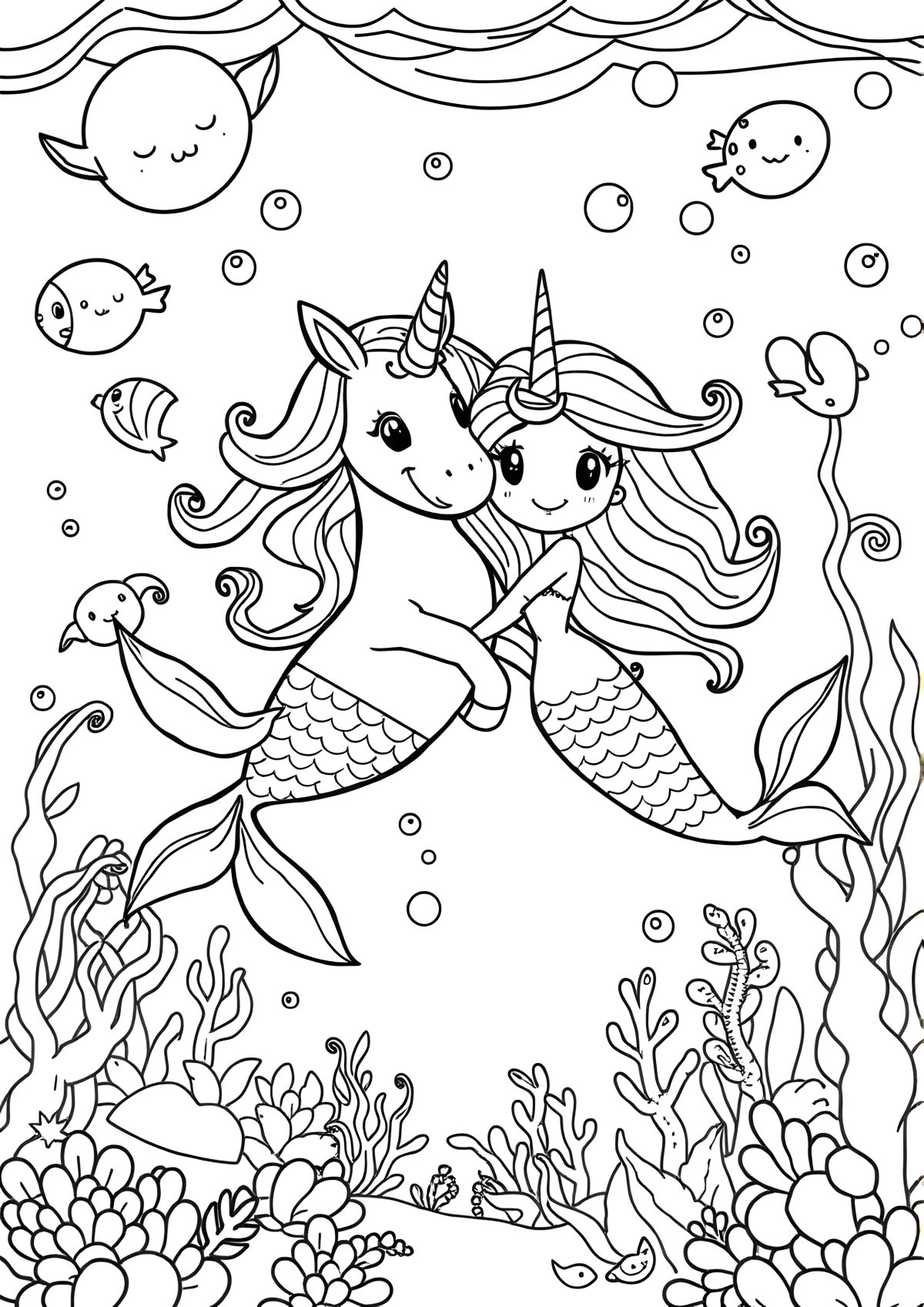 Printable Unicorn And Mermaid Coloring Page coloring page for kids
