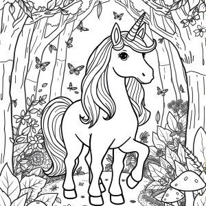 Unicorn In Forest Coloring Page coloring page for kids