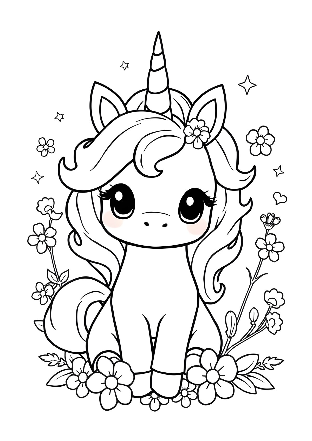 Fluffy Unicorn Cute Kawaii Unicorn Coloring Page coloring page for kids