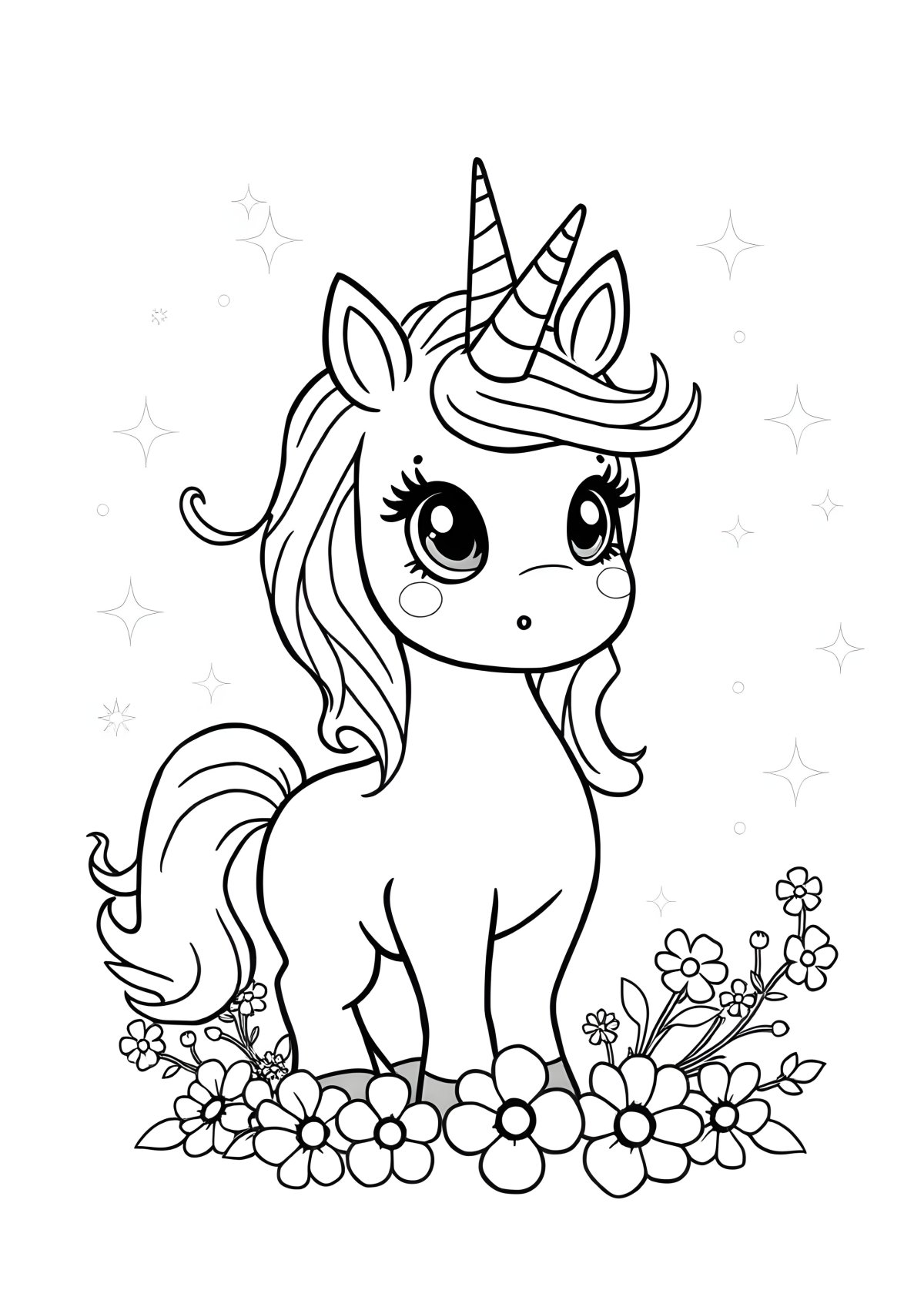 Cartoon Adorable Cute Unicorn Coloring Page coloring page for kids
