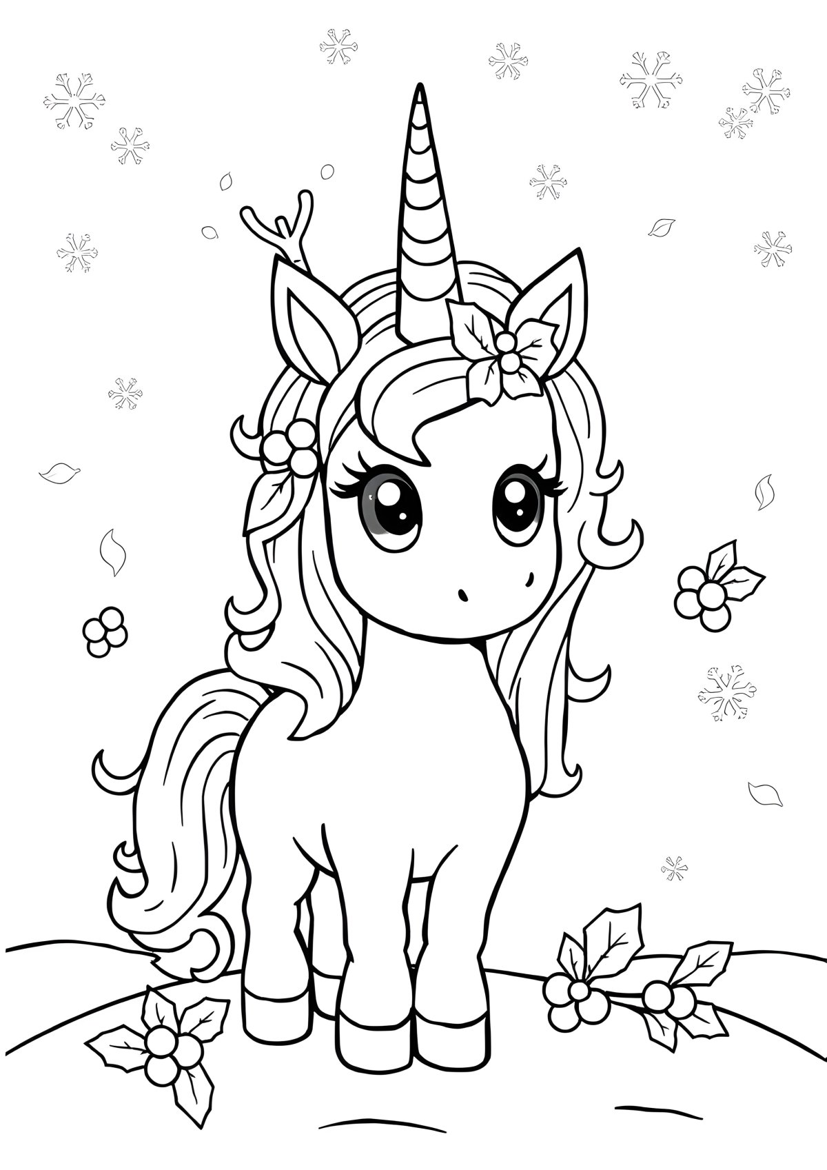 Printable Cute Christmas Unicorn Coloring Page coloring page for kids