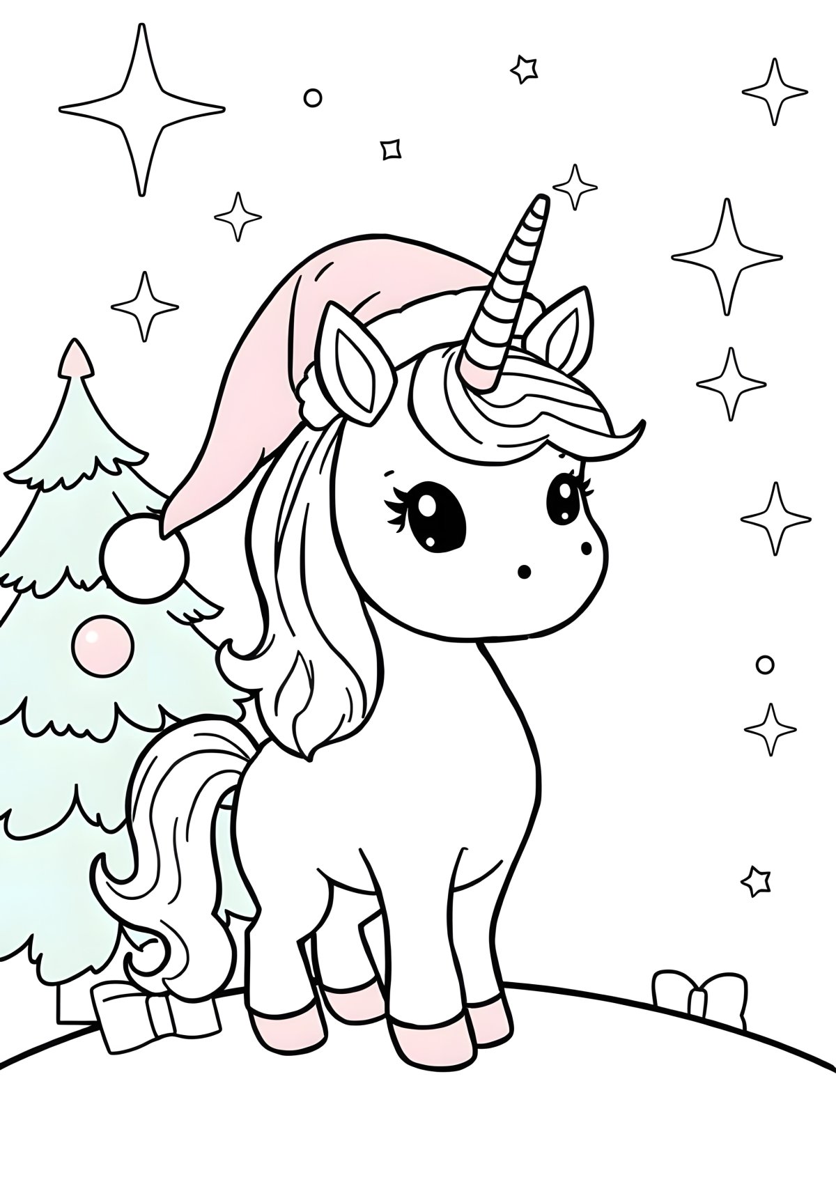 Unicorn Kawaii Cute Christmas Coloring Page coloring page for kids