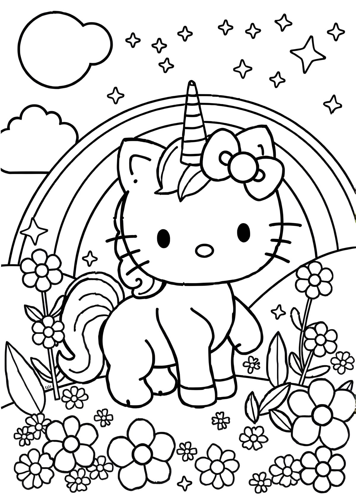 Summer Unicorn Hello Kitty Coloring Page coloring page for kids