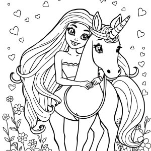 Barbie With Unicorn Coloring Page coloring page for kids