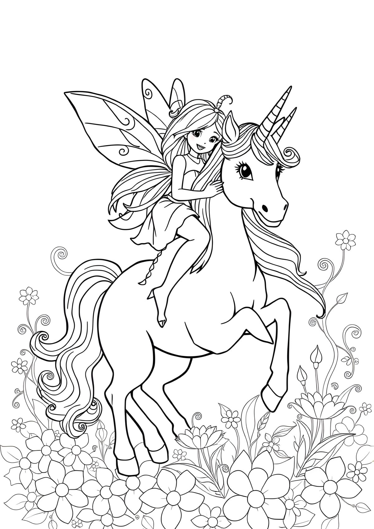 Fairy Riding Unicorn Coloring Page coloring page for kids