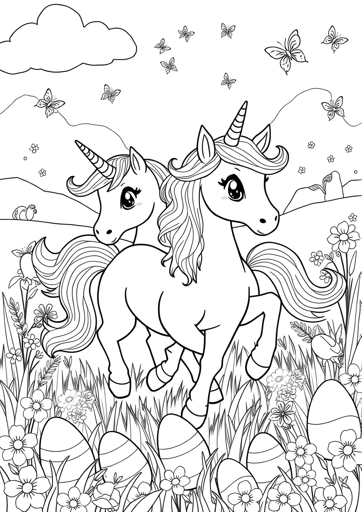 Two Unicorn Full Size Printable Easter Coloring Page coloring page for kids