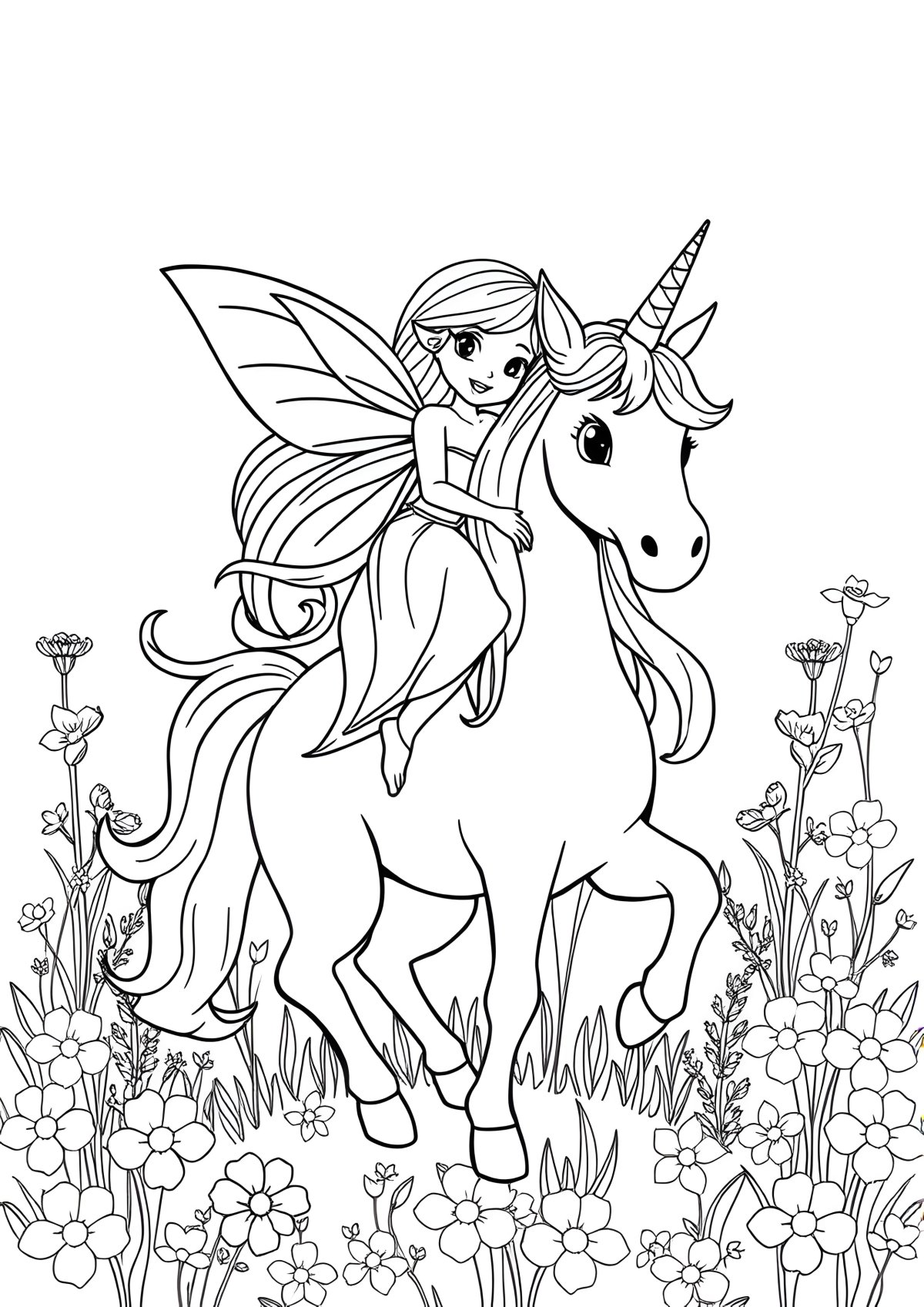 Free Printable Fairy And Unicorn Coloring Page coloring page for kids