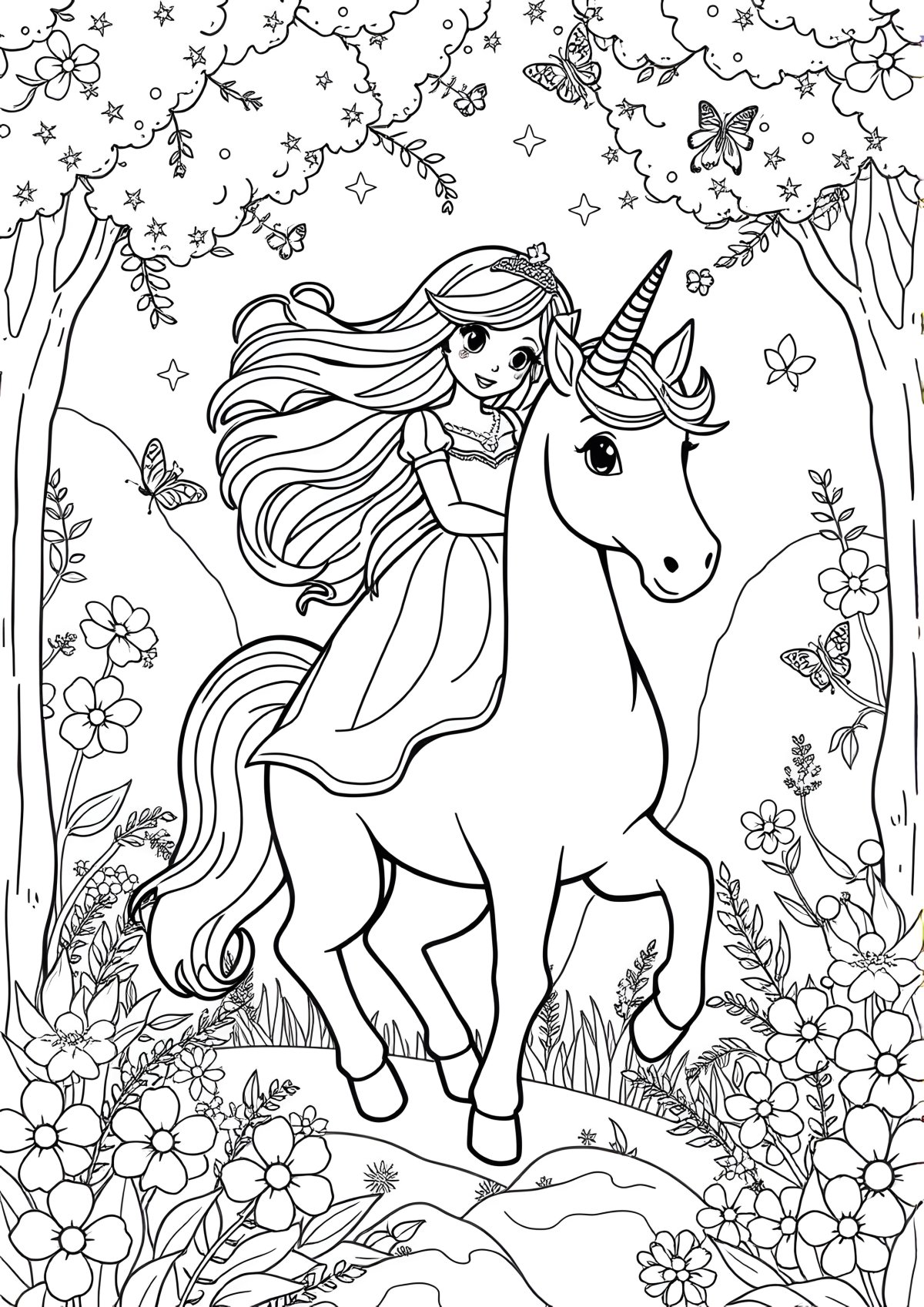 Free Printable Princess Unicorn Coloring Page coloring page for kids