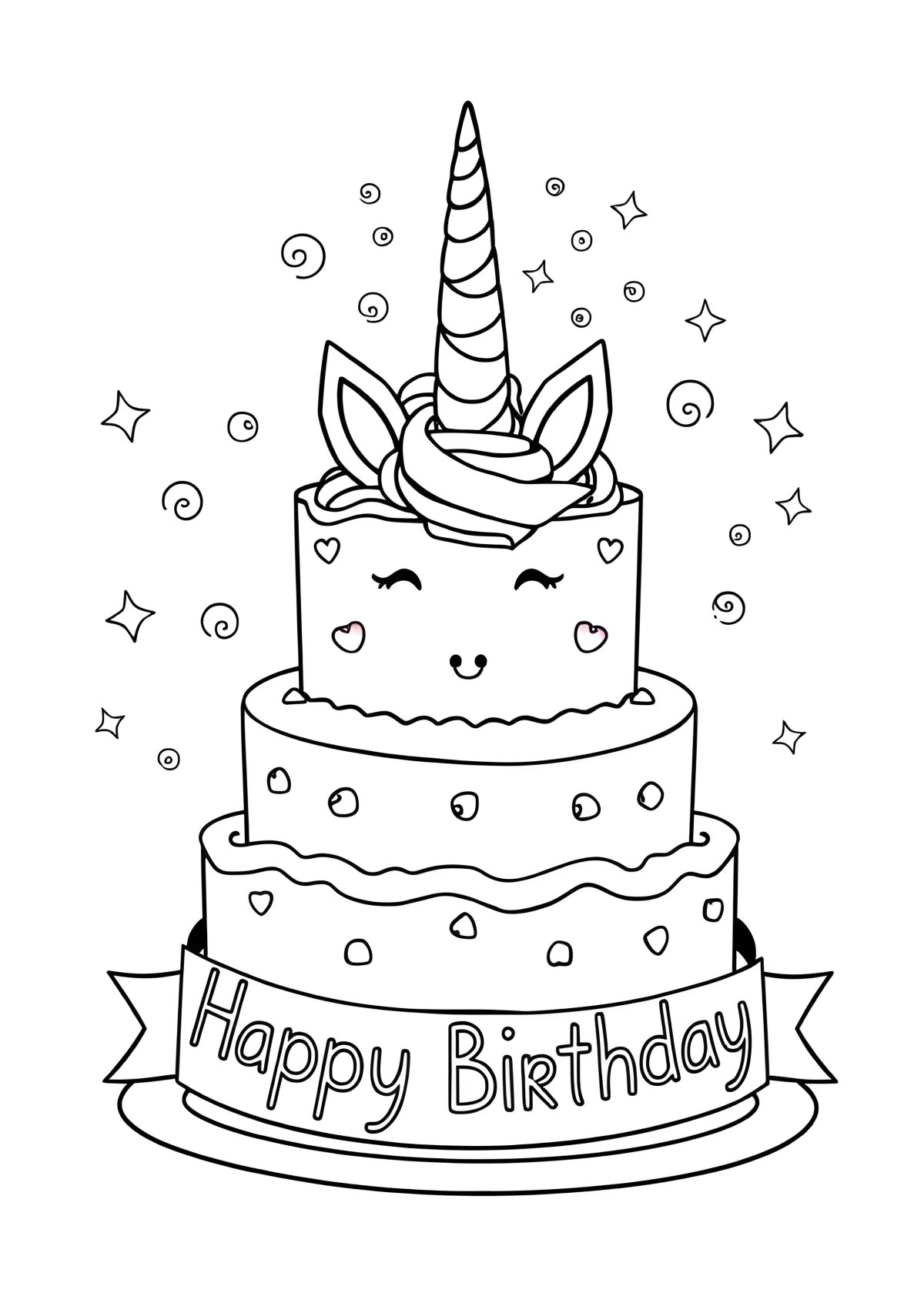 Happy Birthday Unicorn Cake Coloring Page coloring page for kids