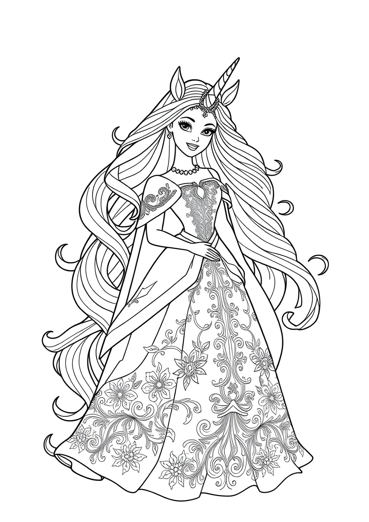 Unicorn Princess Barbie Coloring Page coloring page for kids