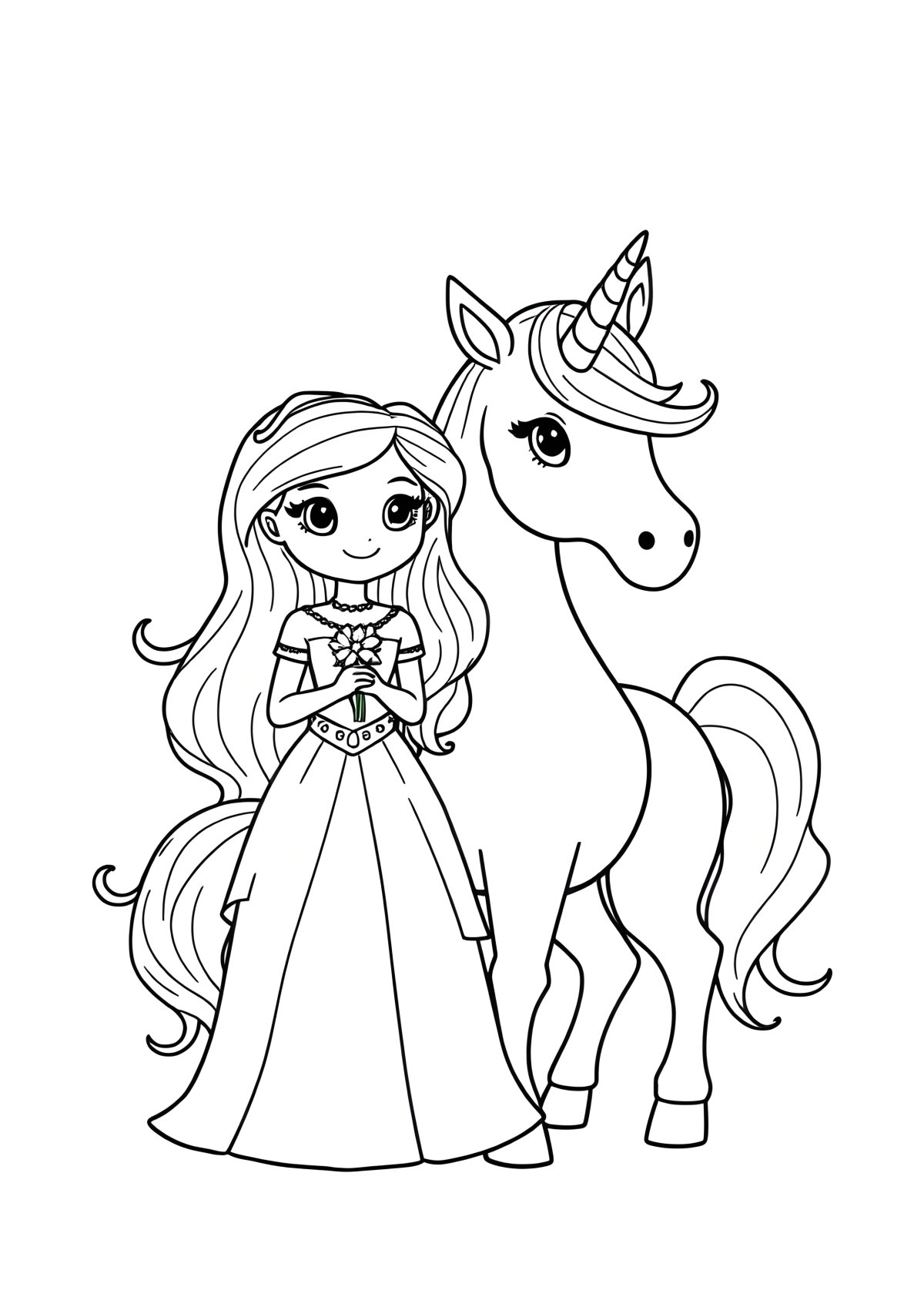 Princess And Unicorn Coloring Page For Kids coloring page for kids
