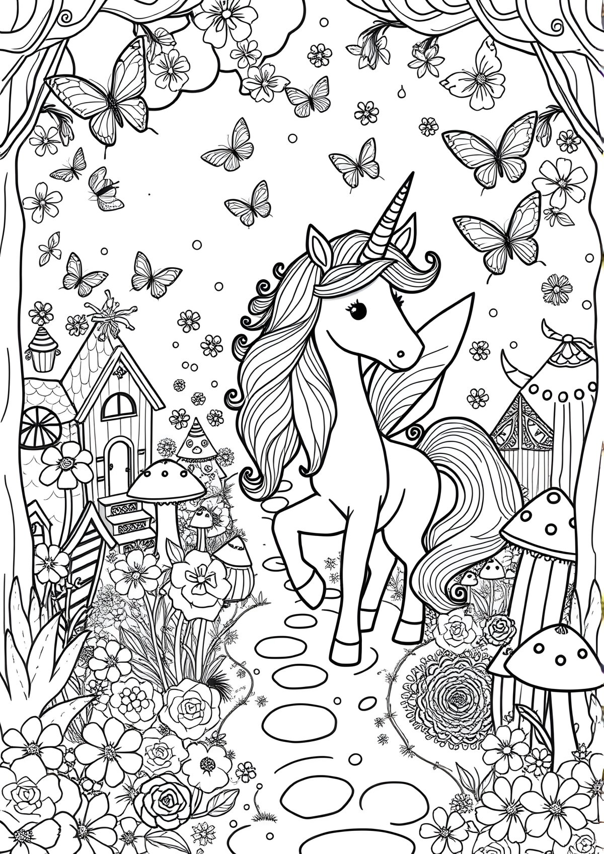 Unicorn Fairy Garden Coloring Page coloring page for kids