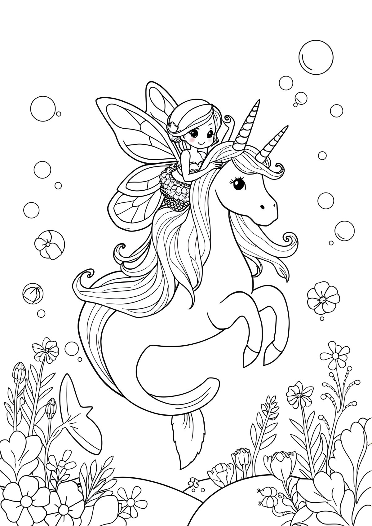 Cute Fairy Unicorn Mermaid Coloring Page coloring page for kids