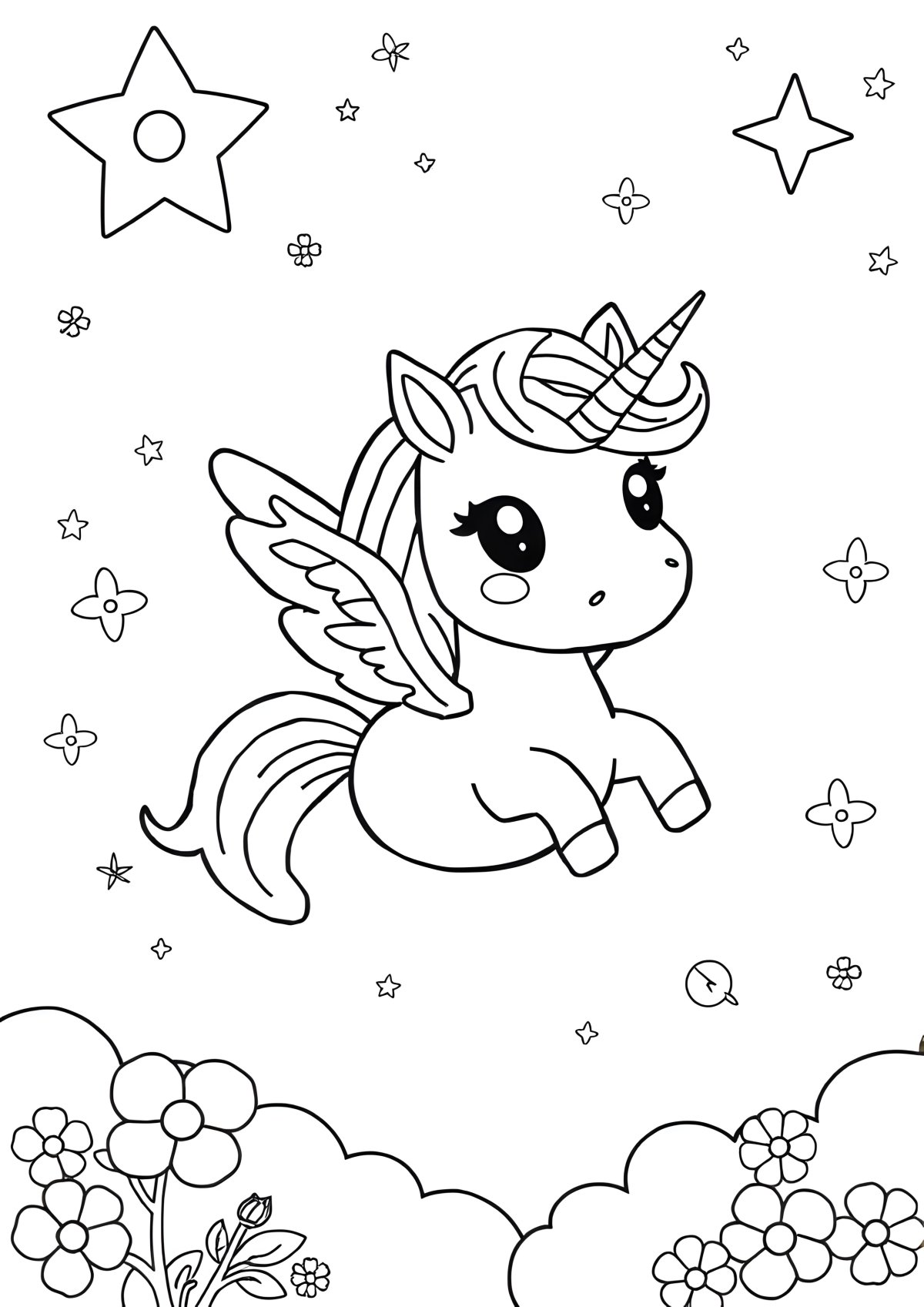 Cute Flying Unicorn Coloring Page coloring page for kids