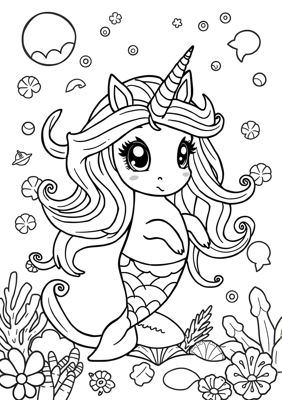 Cute Mermaid Unicorn Coloring Page coloring page for kids