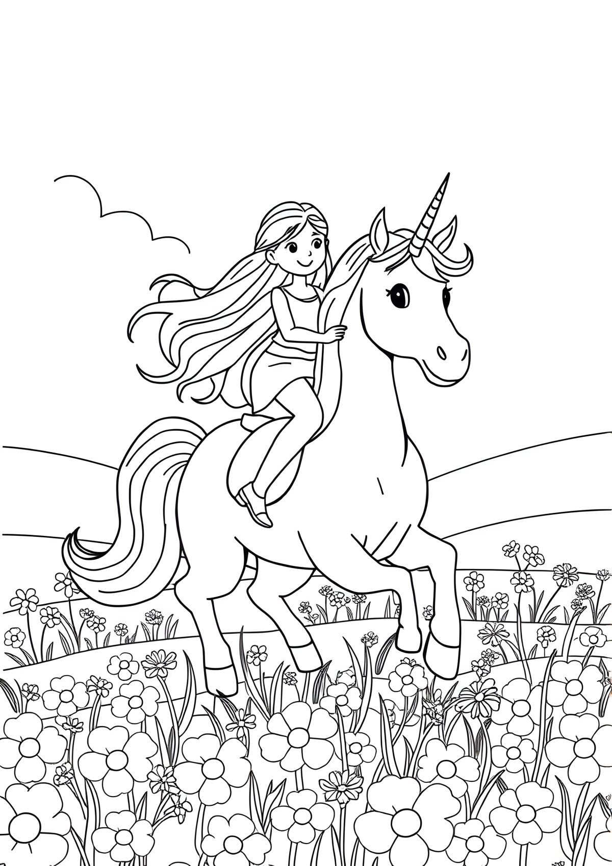 Girl Riding Unicorn Coloring Page coloring page for kids