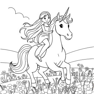 Girl Riding Unicorn Coloring Page coloring page for kids