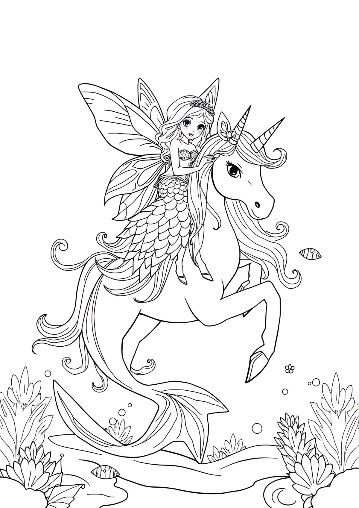 Fairy Fairy Unicorn Mermaid Coloring Page coloring page for kids
