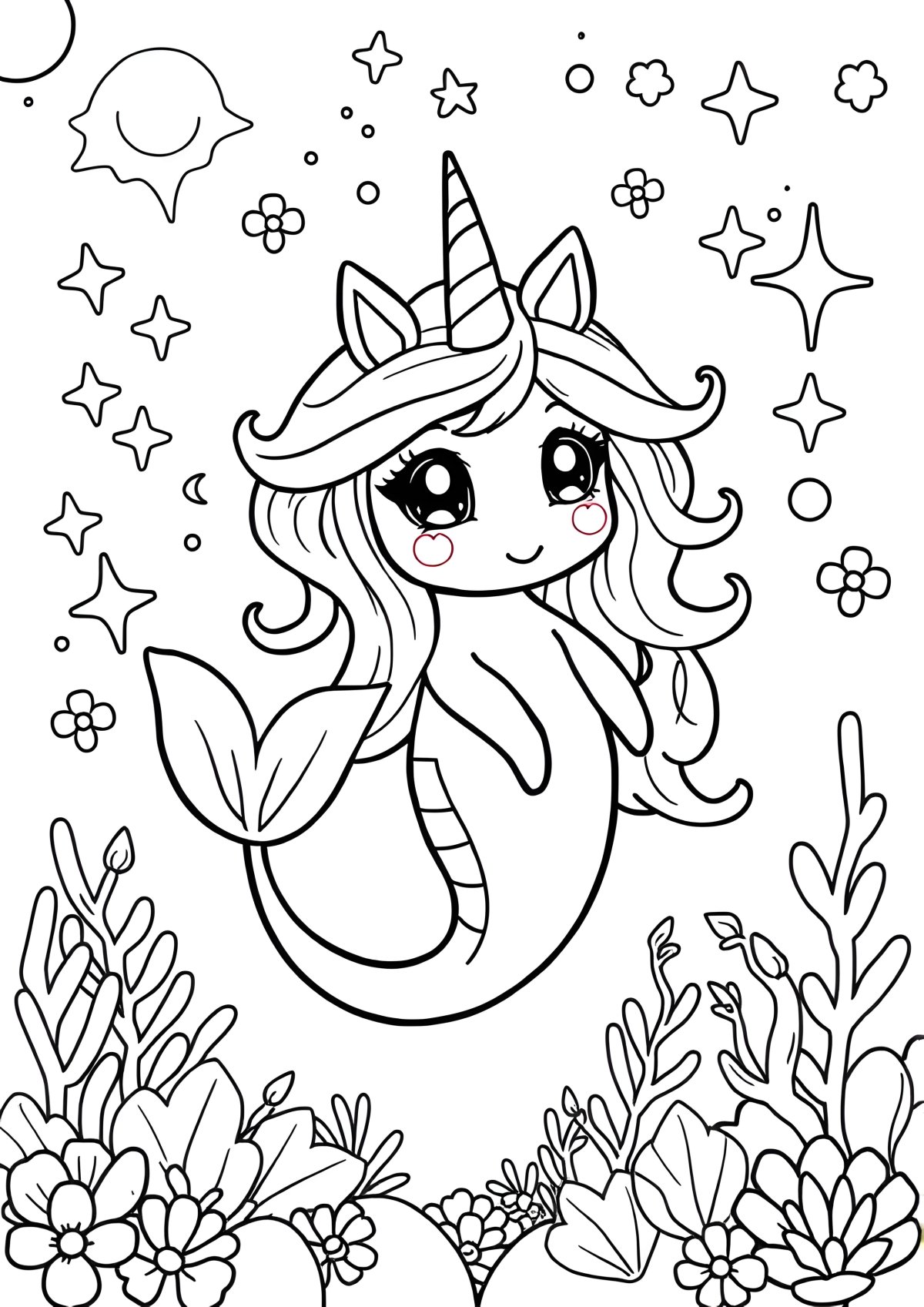 Kawaii Unicorn Mermaid Coloring Page coloring page for kids