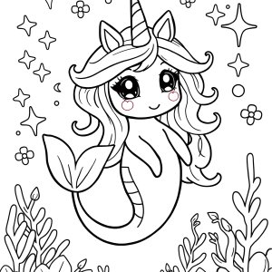 Kawaii Unicorn Mermaid Coloring Page coloring page for kids
